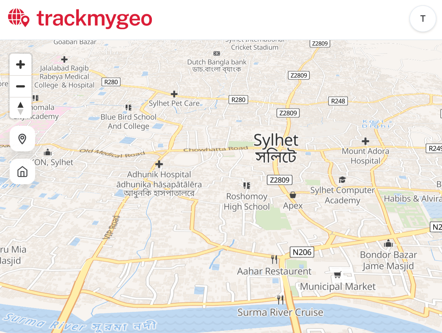 TrackMyGeo map view of Sylhet, Bangladesh